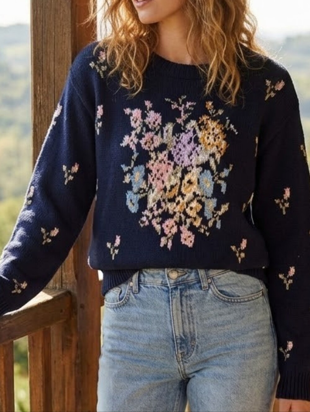 [[Liz Claiborne]] Black Crewneck Sweater with Pastel Floral Print.